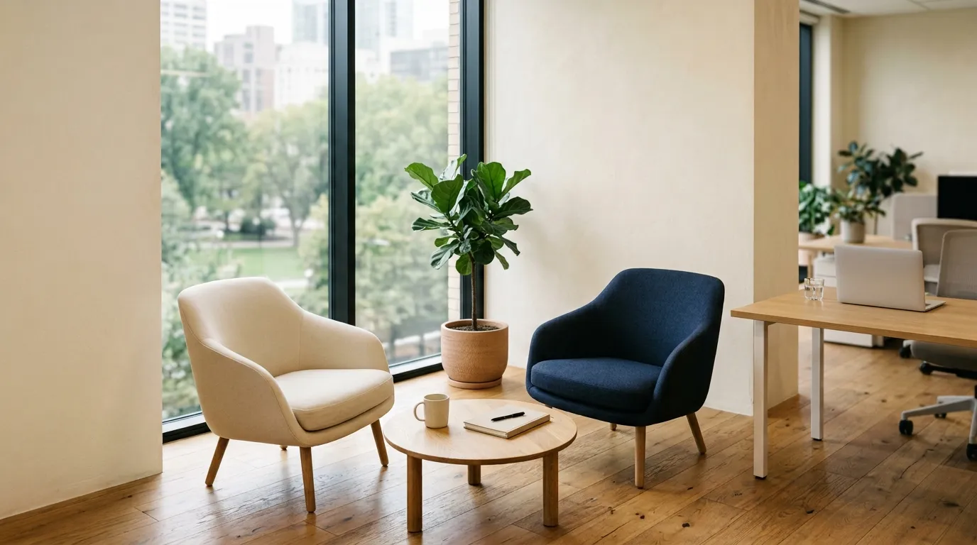 A quiet corner of an office with two armchairs and a low oak table beside a tall window, desks visible beyond.