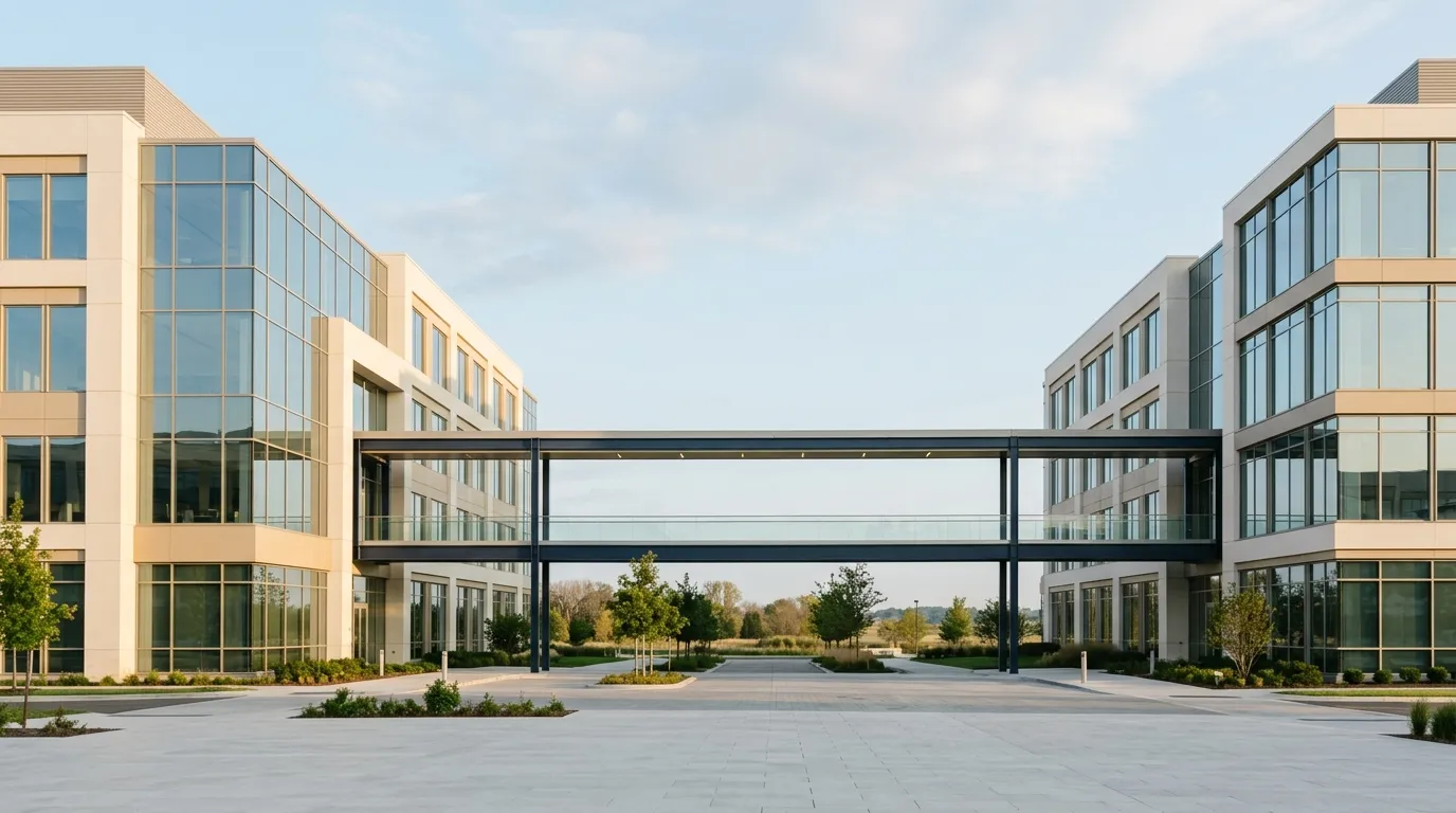 A glazed footbridge linking two low-rise office buildings across an open paved plaza, photographed from ground level.