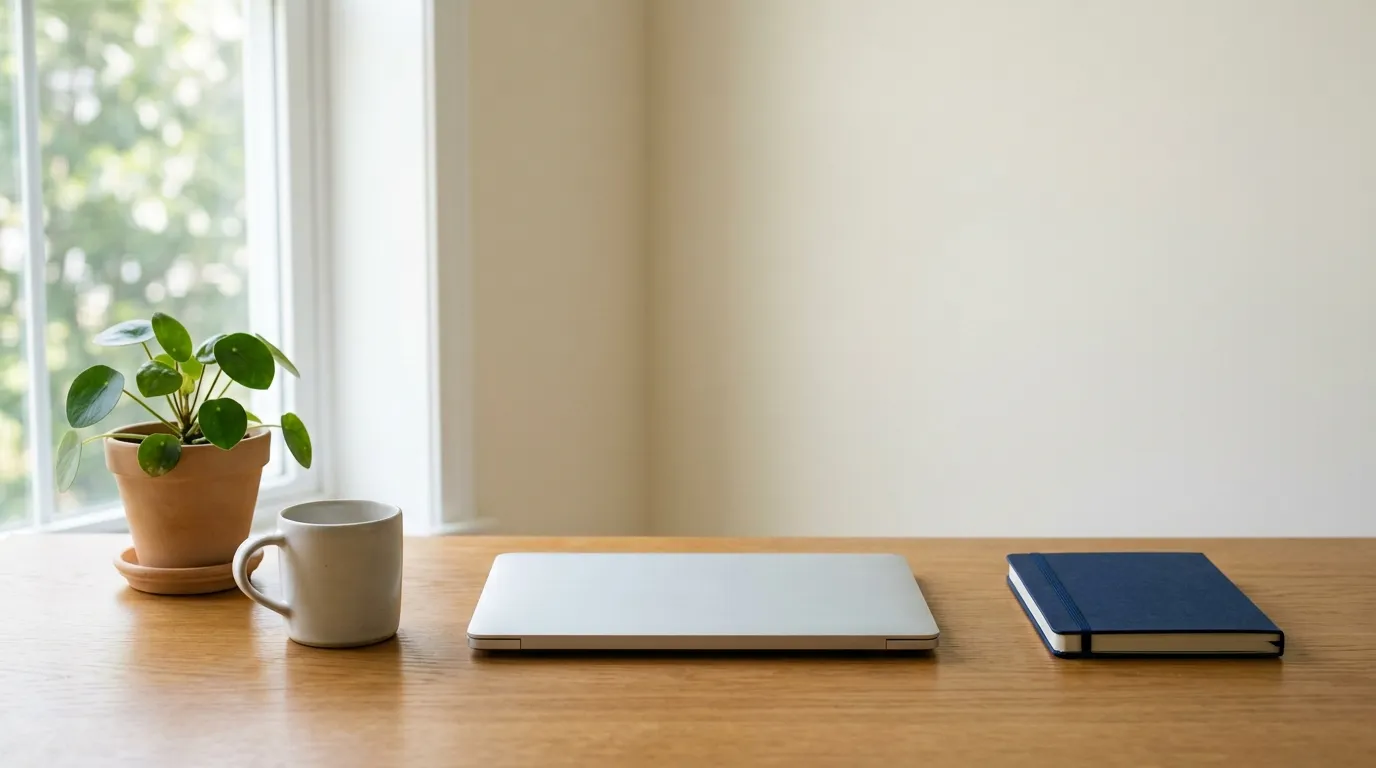 The same desk, clear and calm: a closed laptop, a single mug, a small plant and morning light.
