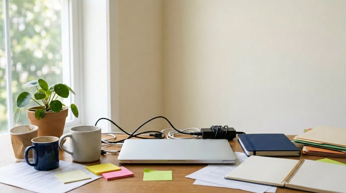 A cluttered home-office desk: loose paperwork, tangled cables, sticky notes and an open laptop.