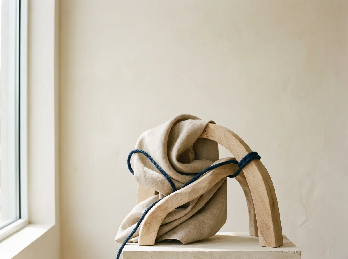 A still life in linen, oak and navy — a closed folder, a pen and a cup on a desk.