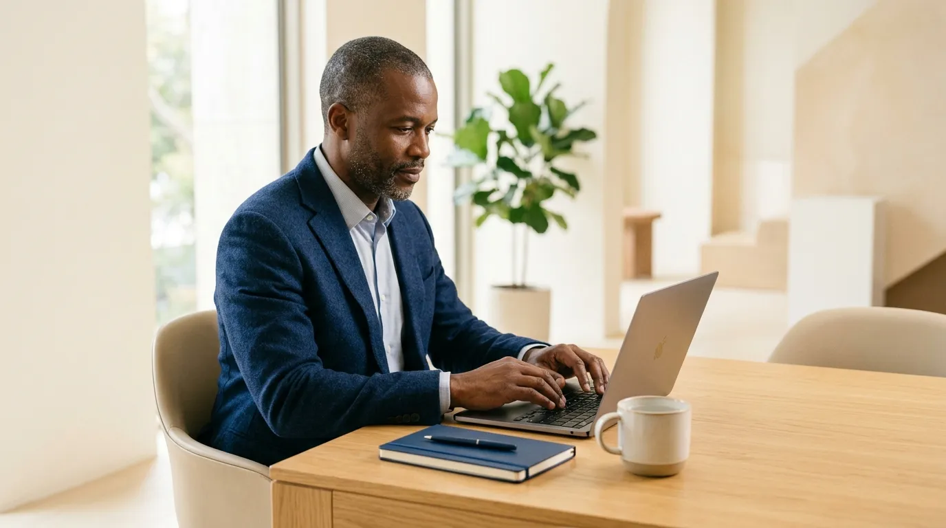 A professional at a bright desk, hands resting beside an open laptop.