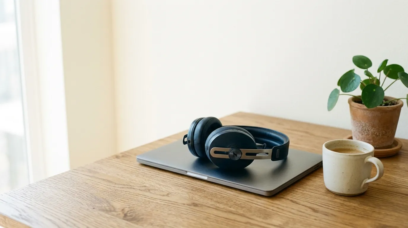 A headset resting on a closed laptop on an oak desk, beside a ceramic mug and a small plant.