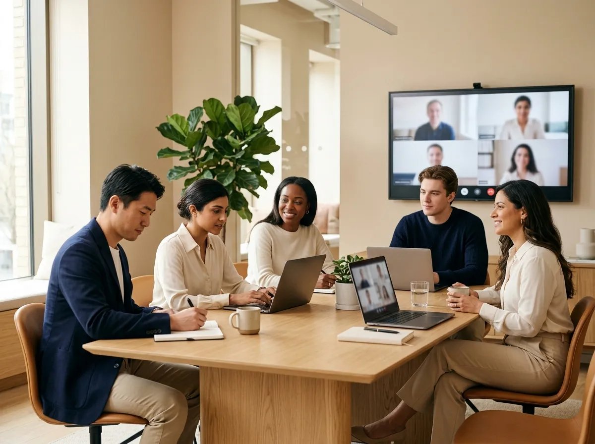 A diverse team in a bright meeting room joining colleagues on a video call.