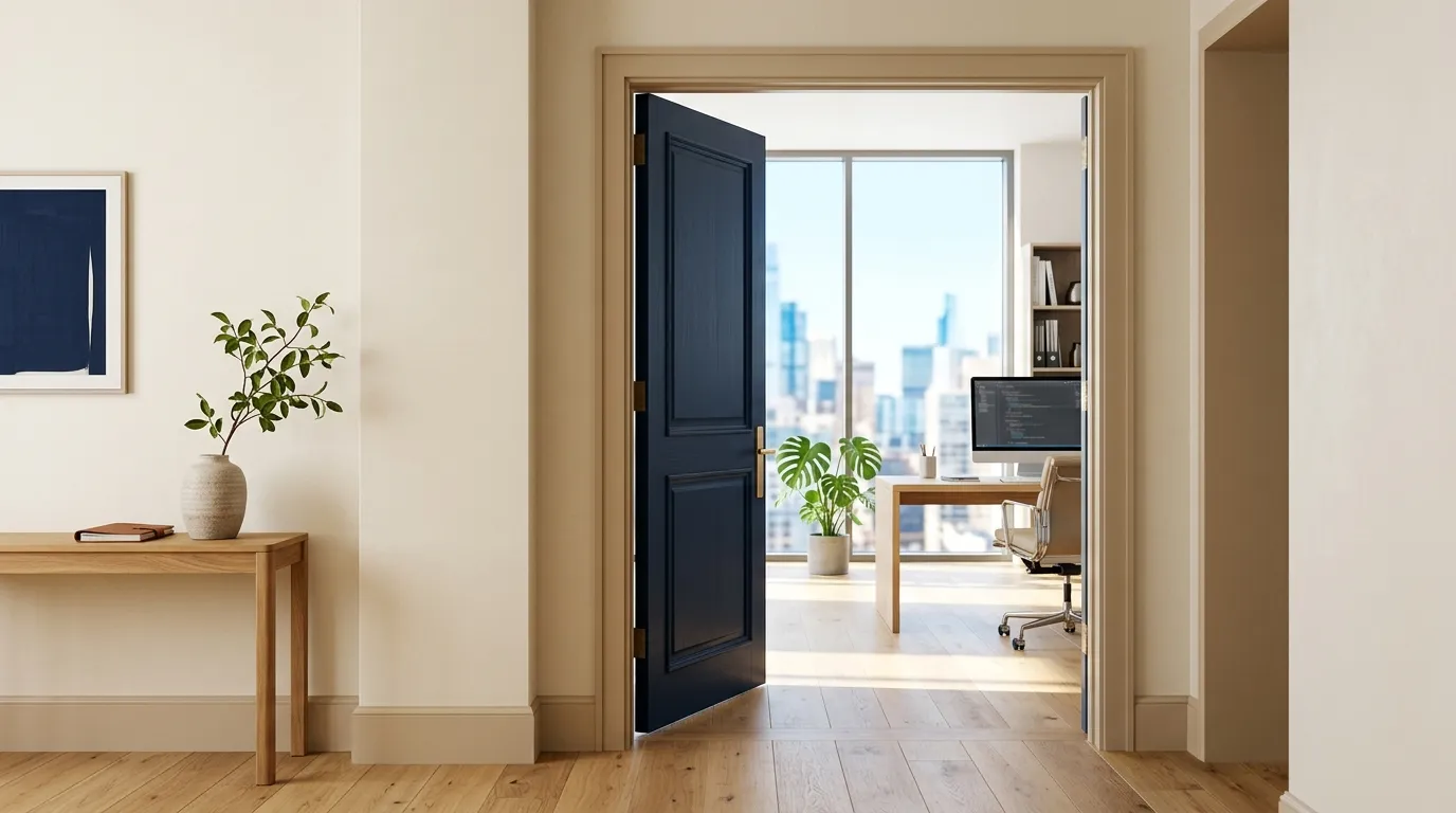 An open doorway looking through into a bright, sparsely furnished workspace.