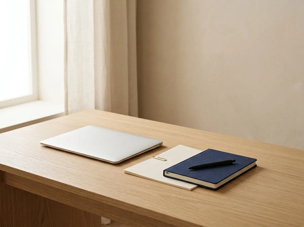 A closed laptop, a cream folder and a navy notebook with a pen, arranged on a bare oak desk.