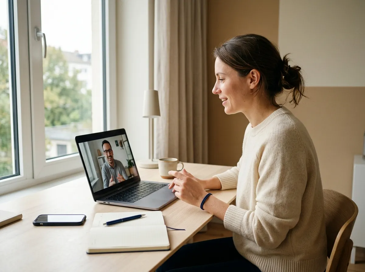 A person at a home desk on a video call, a colleague visible on the laptop screen, a notebook and phone to one side.