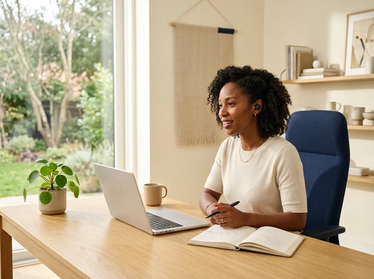 An administrator working at a laptop in a calm, bright office with natural light.