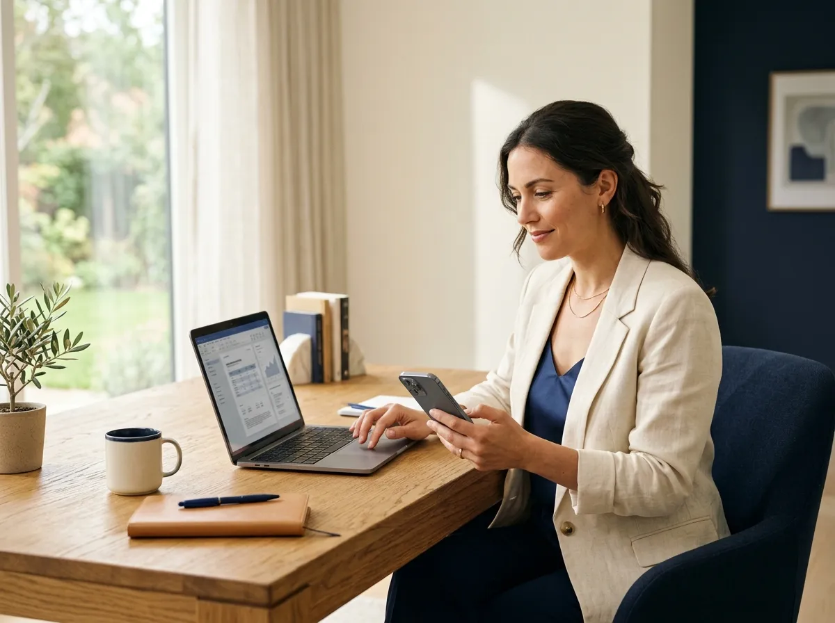 A professional at a home-office desk working between an open laptop and a phone, a notebook and coffee beside them.