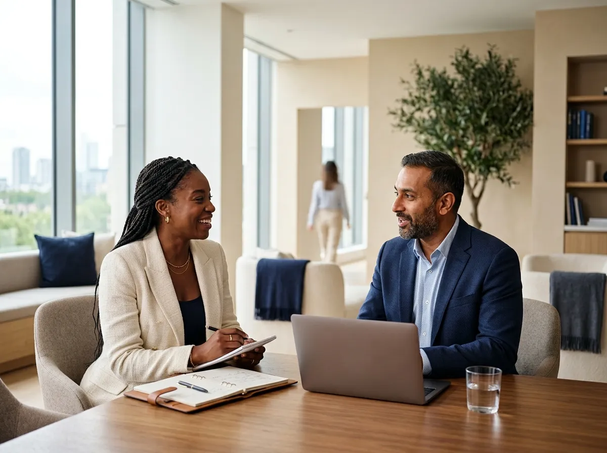 Two professionals talking across a table in a bright office, one taking notes beside an open laptop.