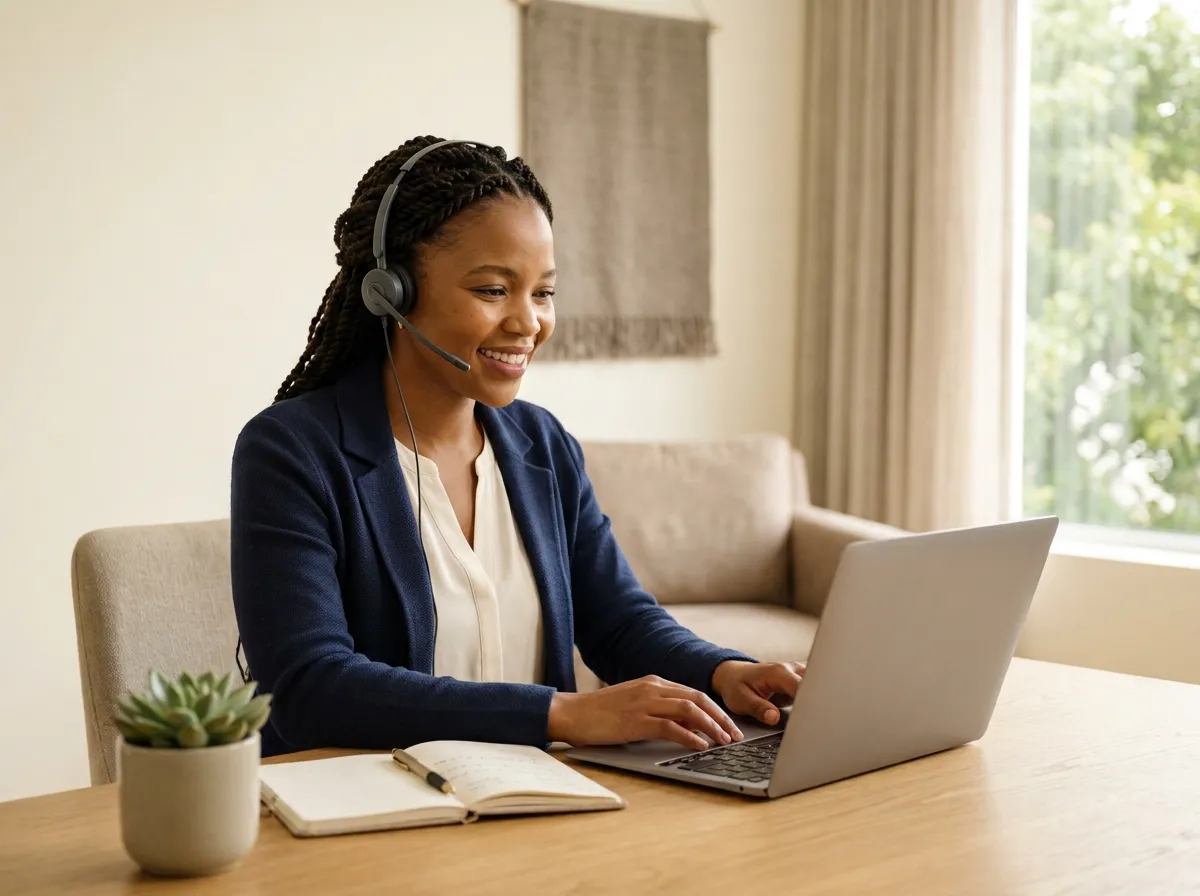 A professional in a navy blazer and headset working at a laptop at a home desk, an open notebook beside her.