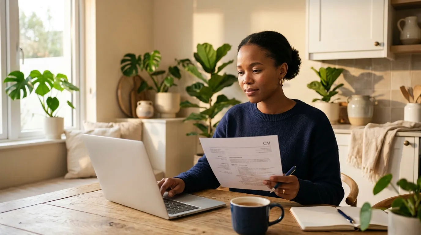 A professional at a kitchen table with a laptop and a printed CV in late-afternoon light.