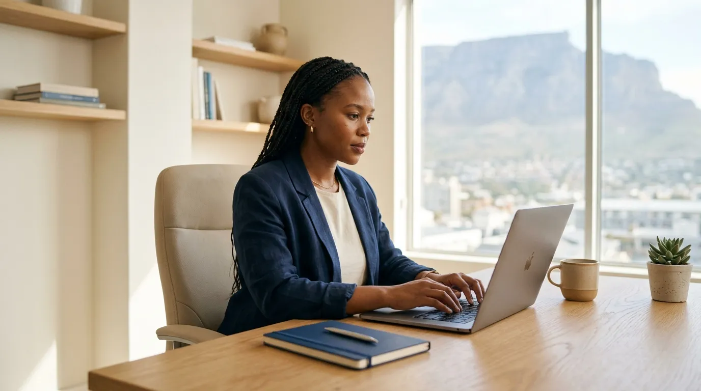 A professional working at a laptop in a bright home office, with Table Mountain visible through the window.