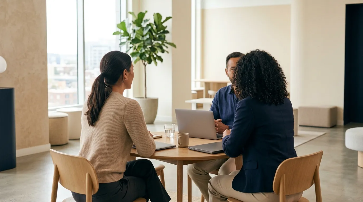 Three colleagues in relaxed conversation around a small oak table in a bright room, seen from across the floor.