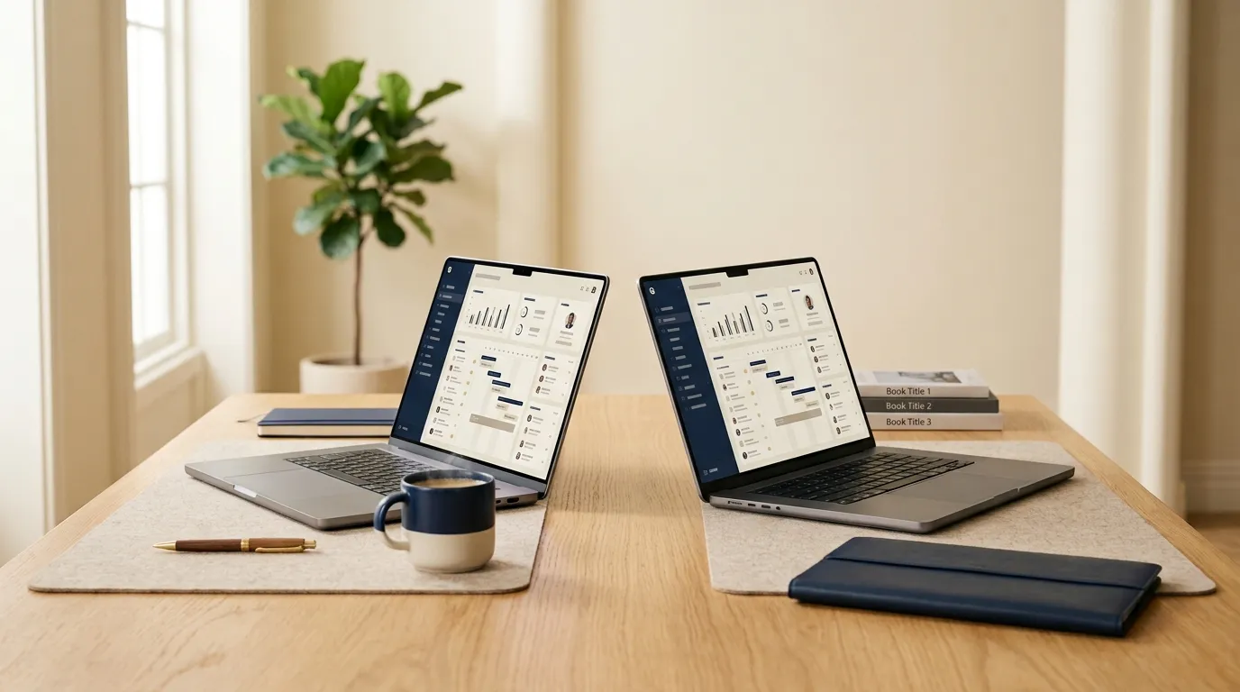 Two open laptops facing each other on a shared oak desk.