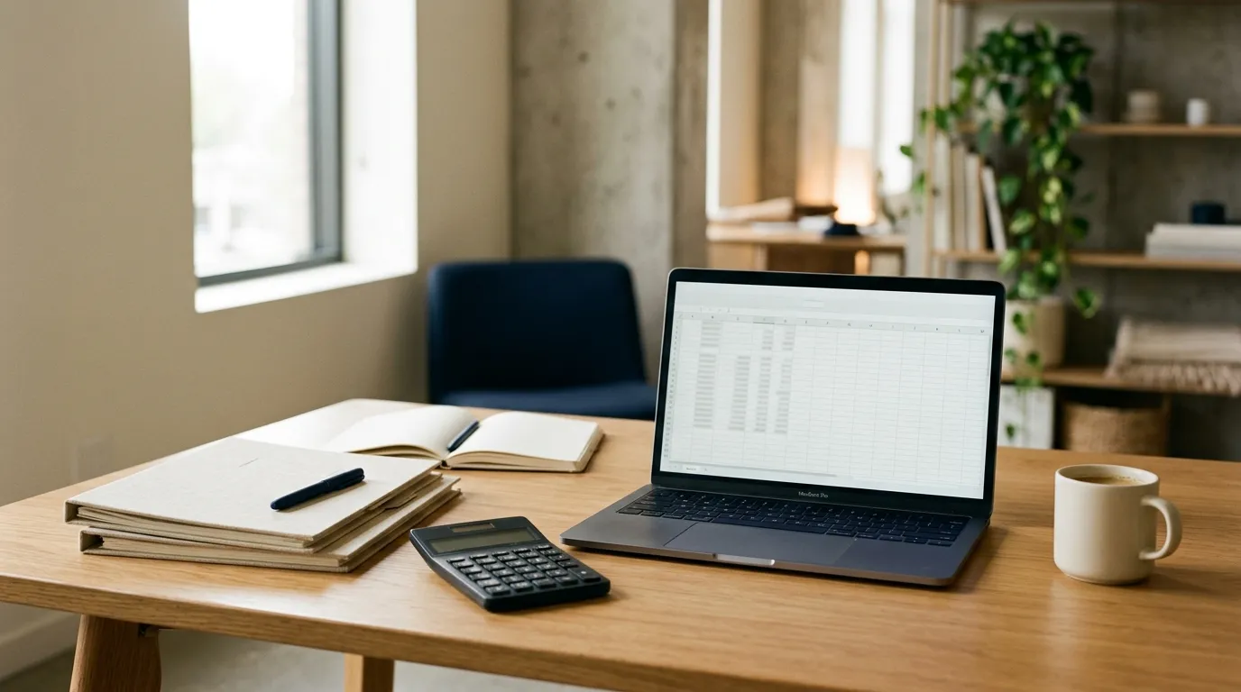 An accountant’s desk with a laptop, calculator and a stack of cream folders.