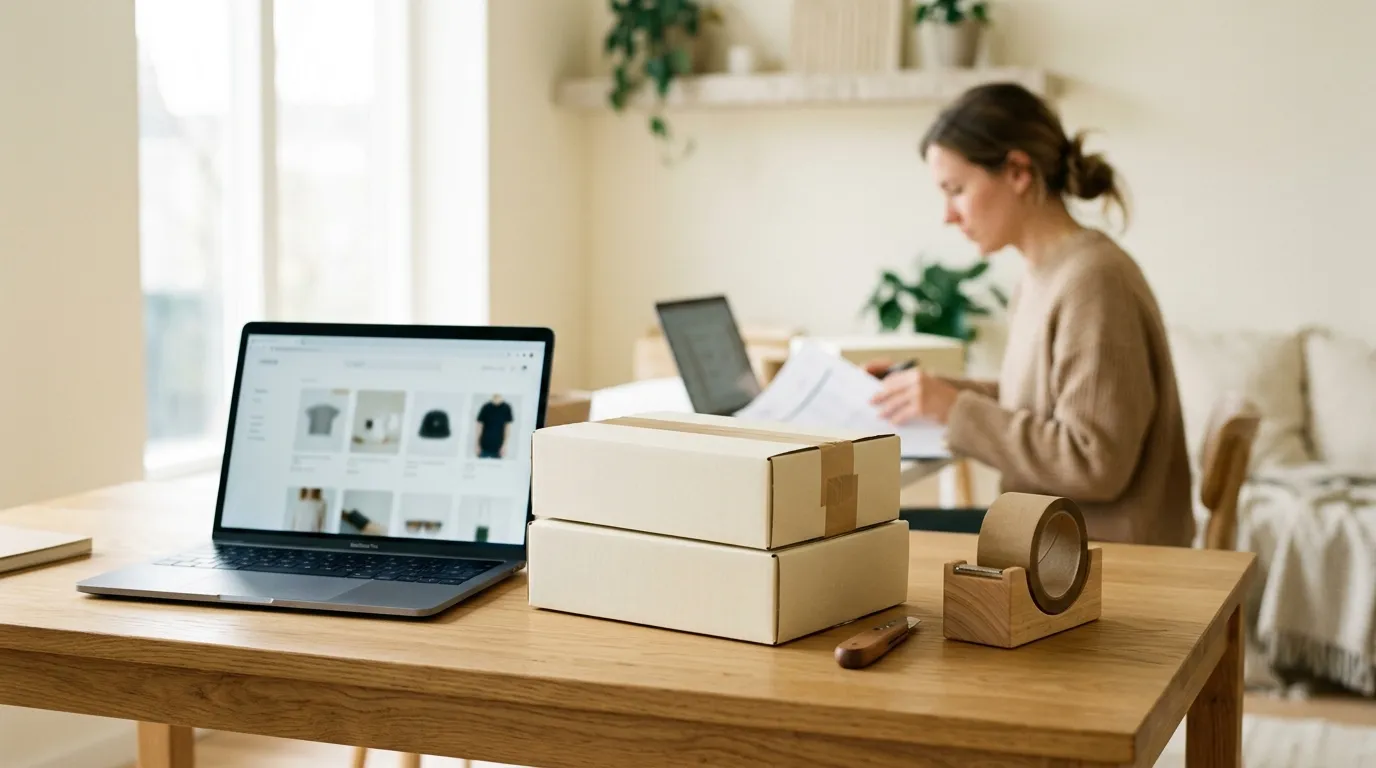A laptop beside two neatly stacked plain shipping boxes on an oak desk.