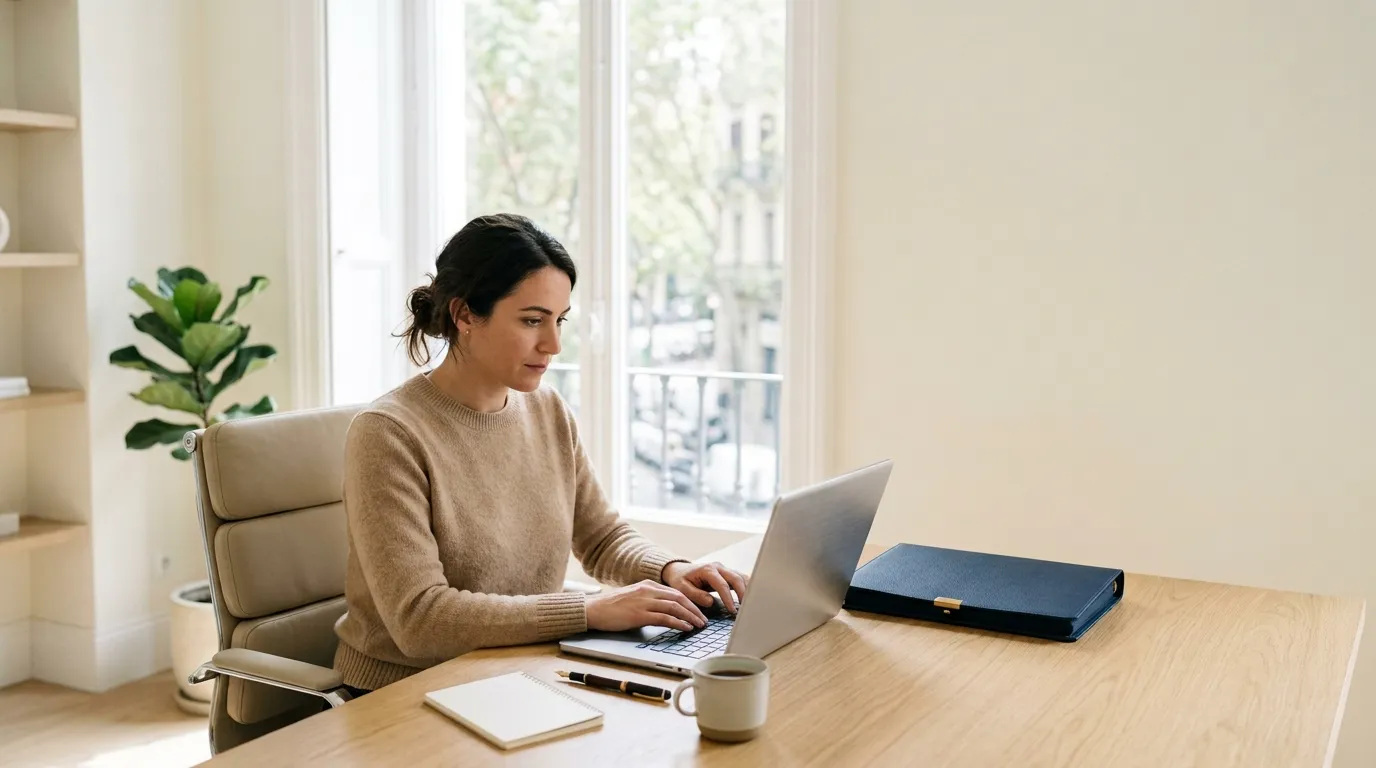 A legal professional at a bright desk with a closed navy folder and a laptop.