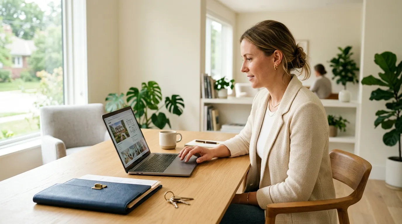A real-estate professional reviewing listings on a laptop at a clean oak desk.